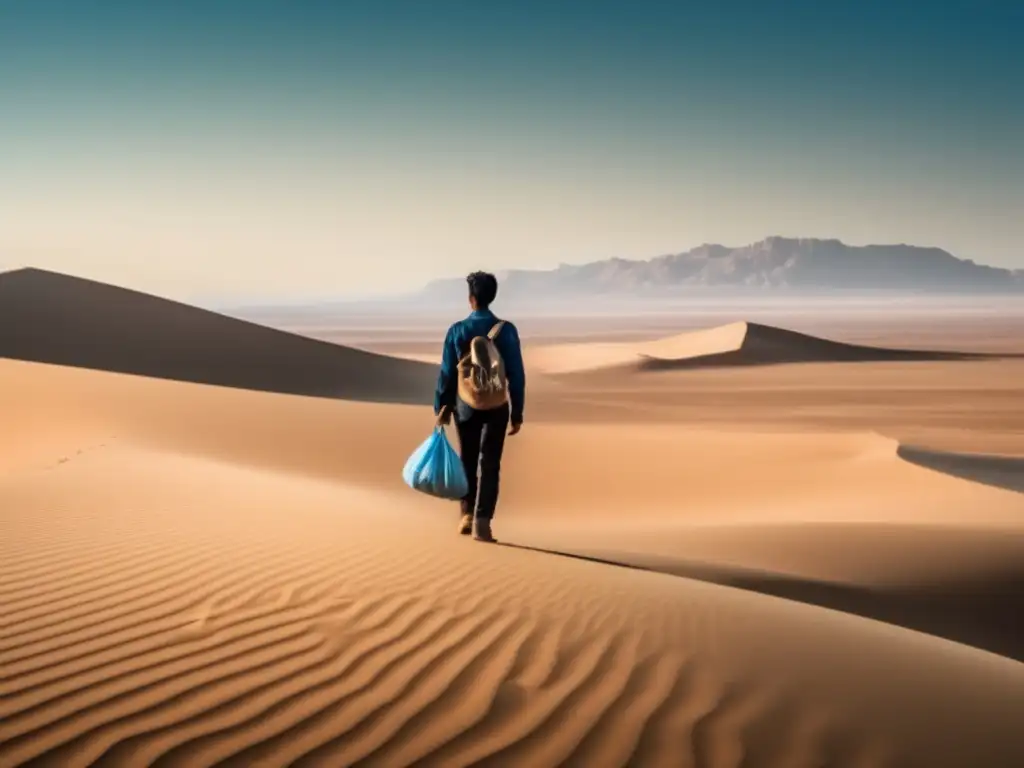 Persona en desierto, mirando con determinación, con suministros - Preparación emocional falta comida agua