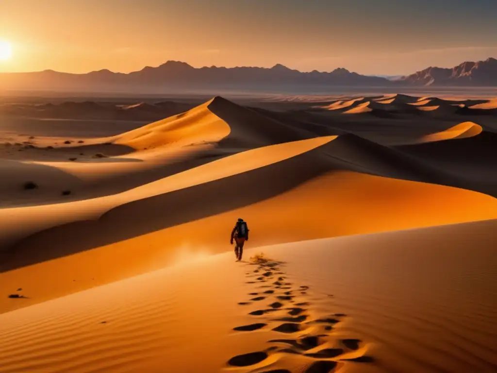 Desierto: Un paisaje desértico de 8k con una figura buscando agua y consejos de supervivencia