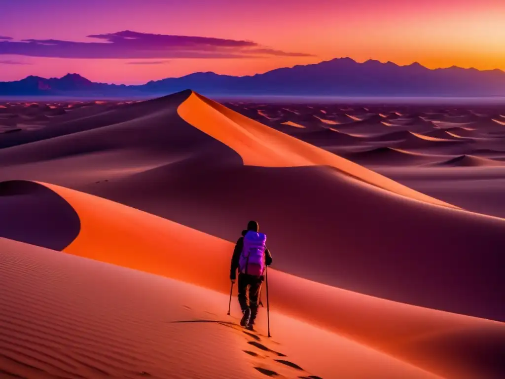 Paisaje desértico al atardecer con dunas de arena y viajero equipado – Consejos orientación en desierto