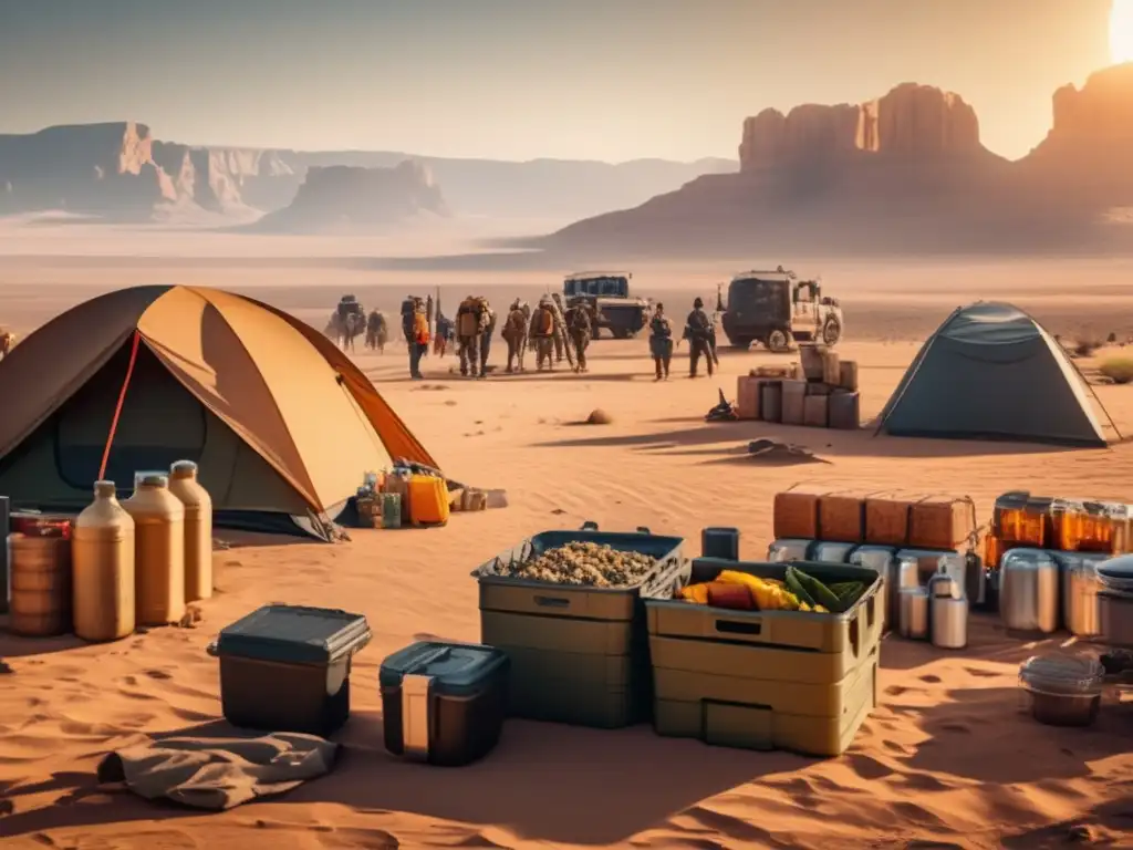 Alimentos supervivencia desierto preppers: Campamento y suministros en un paisaje desértico impresionante de 8k