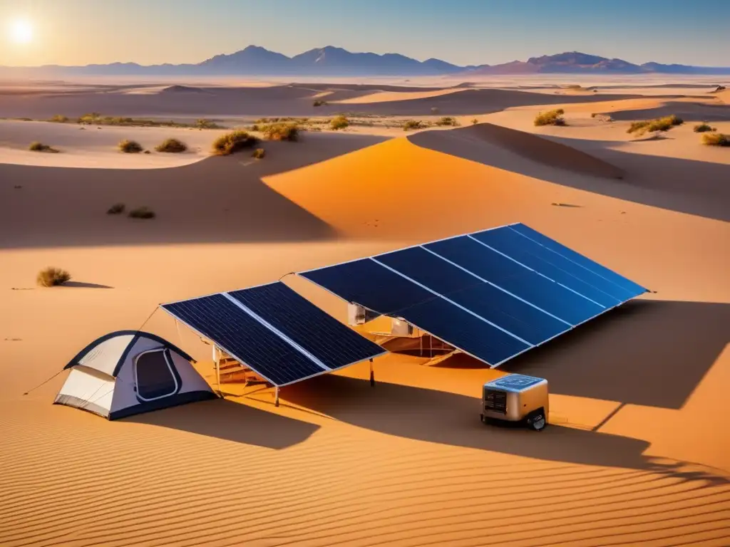 Sistemas de energía portátil para supervivencia en desierto: campamento en desierto con panel solar, equipo de supervivencia y paisaje desértico