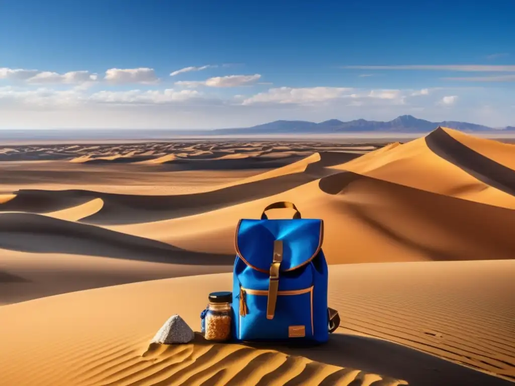 Un paisaje desértico con dunas de arena dorada, un morral de alimentos de supervivencia y un cielo azul con nubes