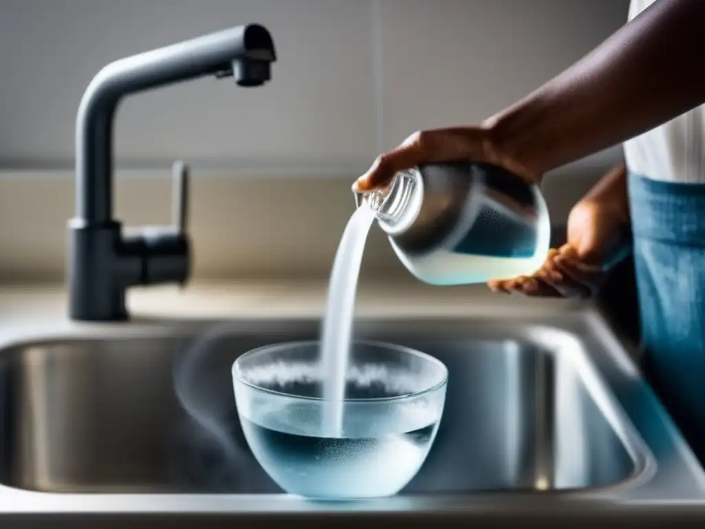 Desinfección de agua casera segura: persona vertiendo cloro en una olla con agua en la cocina moderna