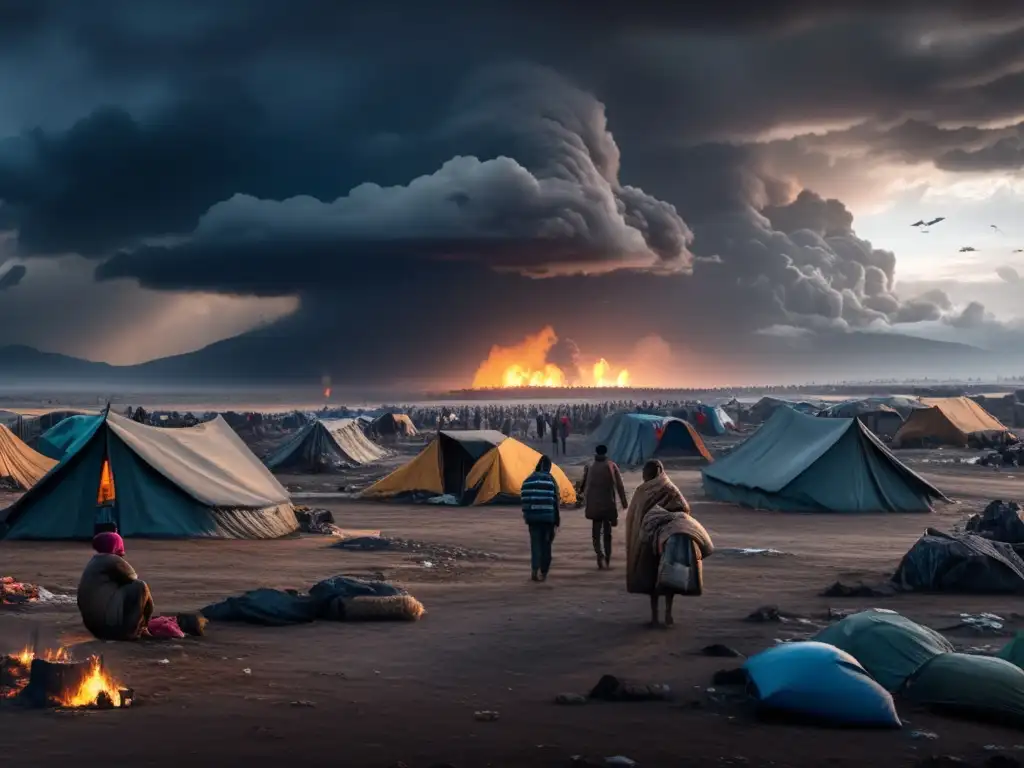 Consecuencias desastres ambientales refugiados climáticos en paisaje devastado