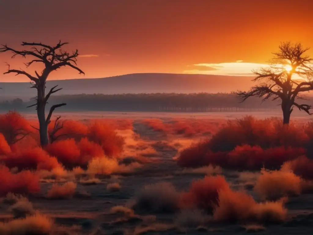 Impacto cambio climático supervivencia: paisaje desolado, árboles marchitos, figura solitaria en un mundo árido