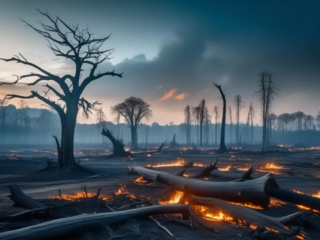 Impacto de desastres ambientales en la geografía: paisaje devastado por desastre, árboles desolados, agua contaminada