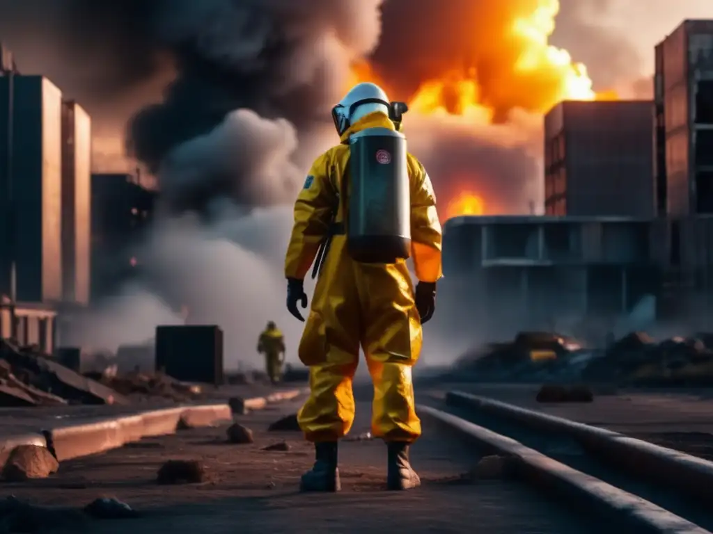 Imagen: Protección contra guerra química en desolada ciudad devastada por ataque químico