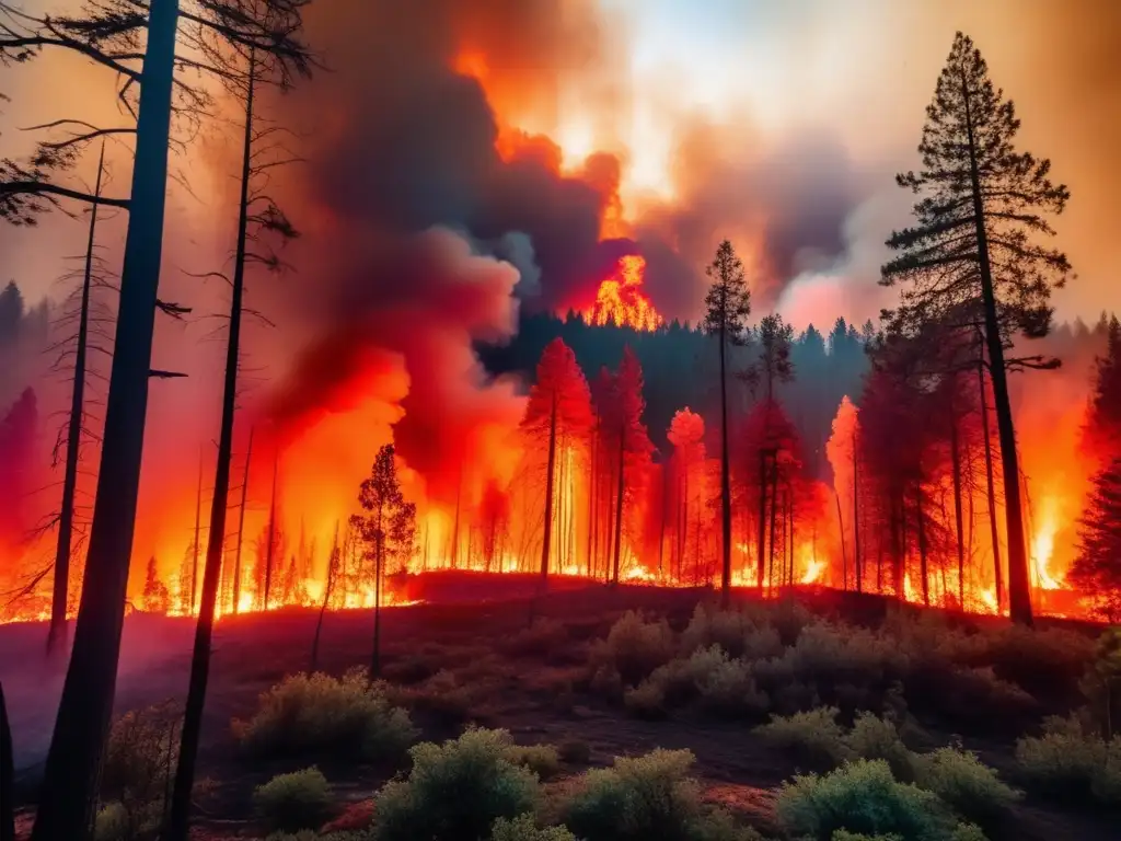 Imagen impactante de un bosque en llamas, resalta la fuerza destructiva de un incendio forestal