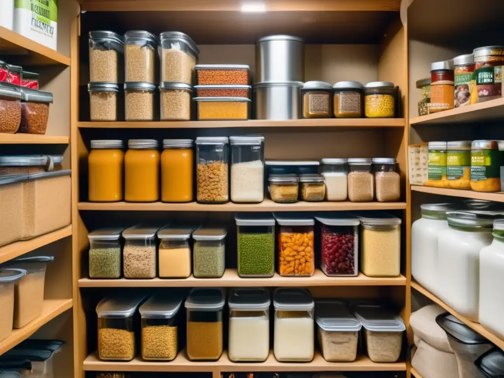 Alimentos de supervivencia duraderos cuidadosamente organizados en una despensa bien surtida, con variedad de enlatados, deshidratados y complementos esenciales