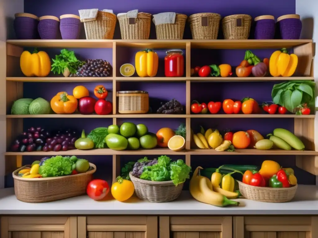 Consejos para conservar alimentos - Deslumbrante despensa llena de frutas y verduras vibrantes, organizadas en cestas y cajas de mimbre