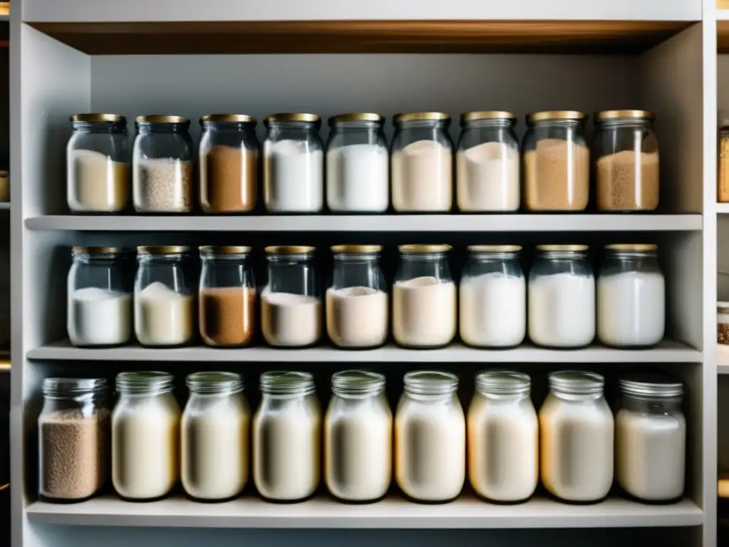 Almacenamiento leche preppers: Tarros de vidrio con leche en polvo casera, etiquetados y organizados en una alacena simétrica, vista desde arriba