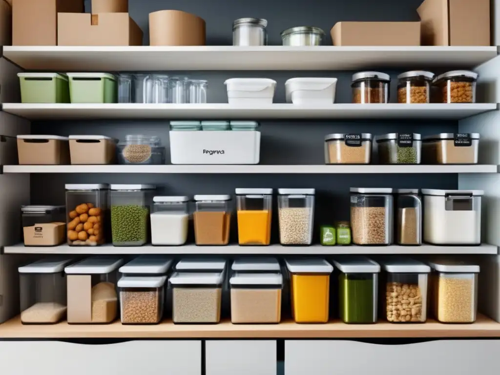 Almacenamiento máximo con envases reciclables: cocina moderna con despensa organizada y etiquetas de materiales reciclables