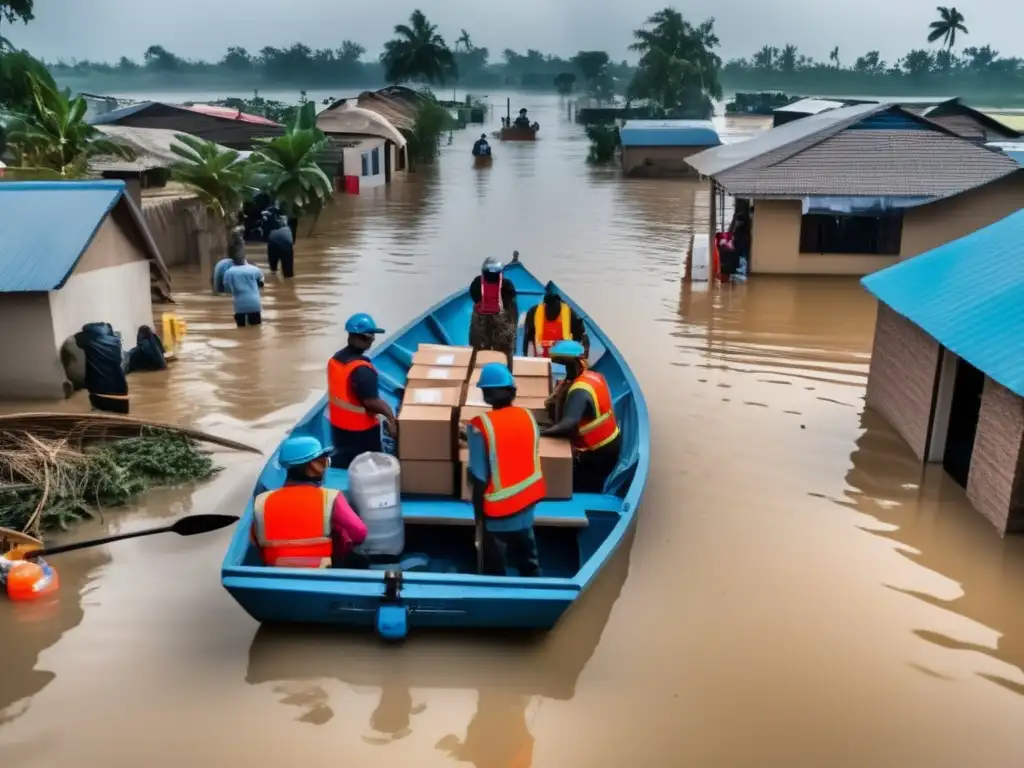 Escena post inundación: Rescate y suministros en área residencial bajo agua