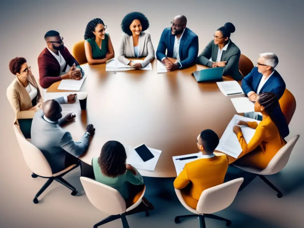 Mesa redonda de discusión colaborativa con individuos diversos, destacando la importancia de la jerarquía en situaciones de supervivencia