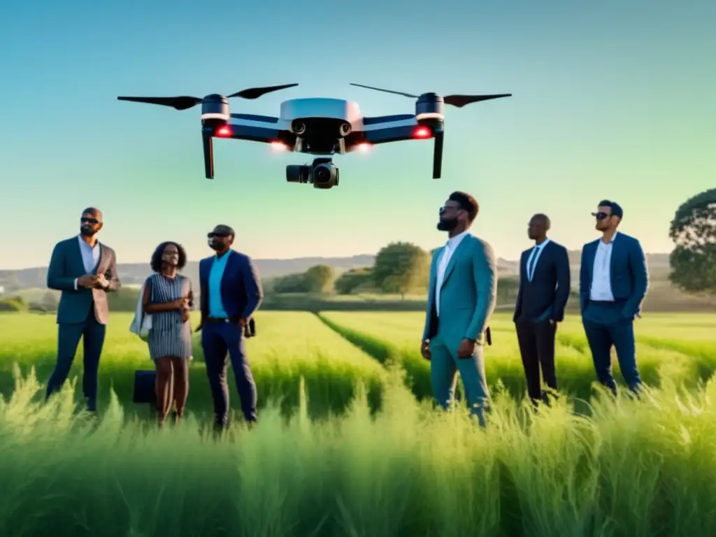 Drones en preparacionismo: Ventajas y desafíos - Grupo diverso observando un drone avanzado en un campo verde con cielo azul