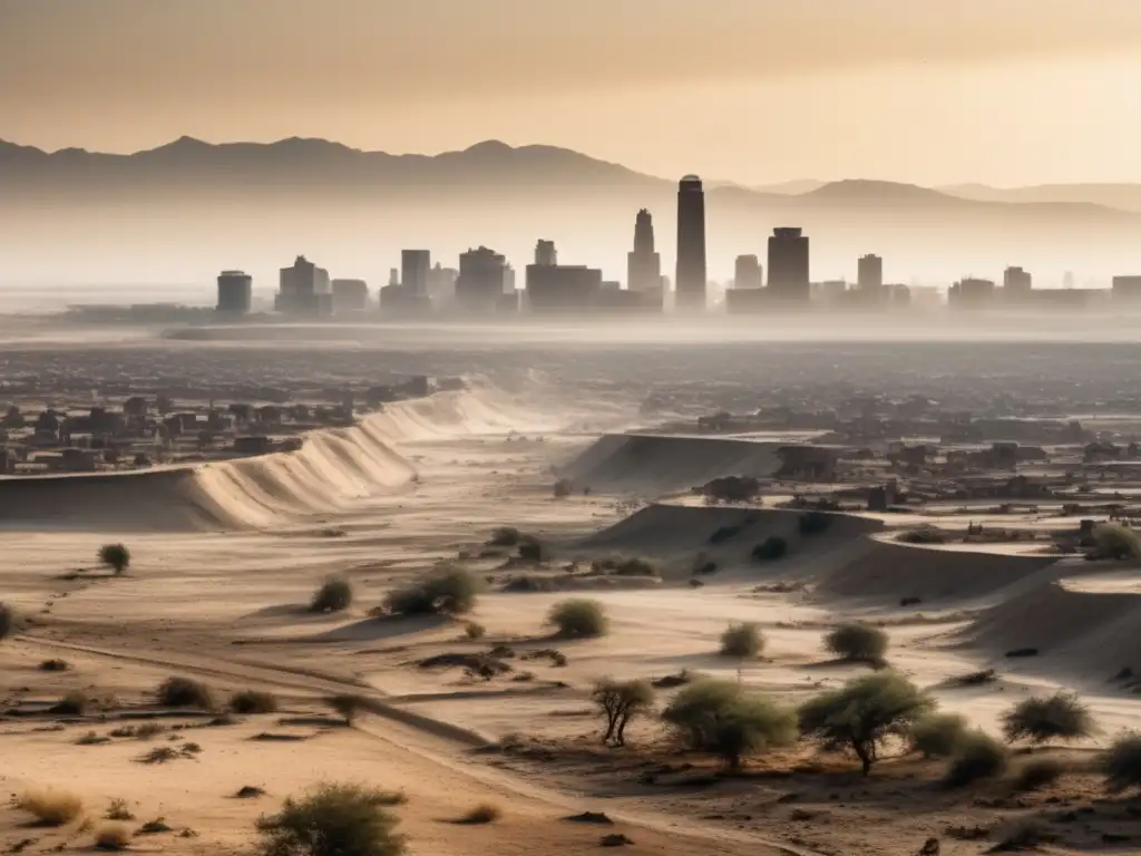 Ciudad A: Paisaje urbano en sequía severa por cambio climático