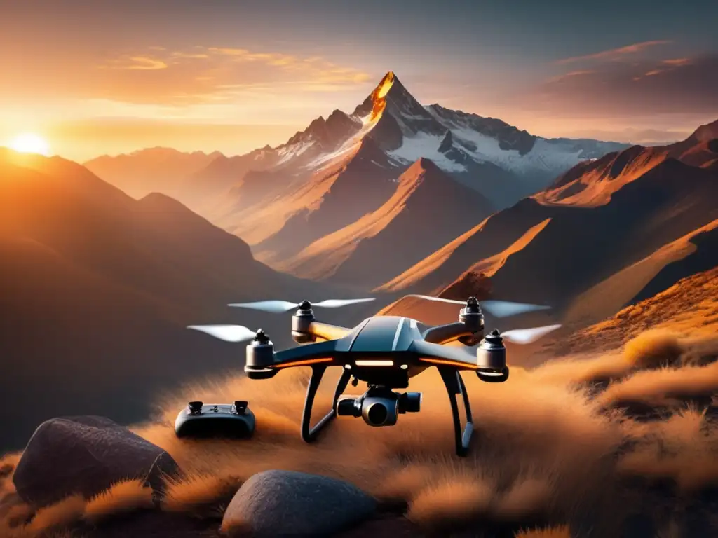 Drones para supervivencia extrema en majestuoso paisaje de montaña al atardecer