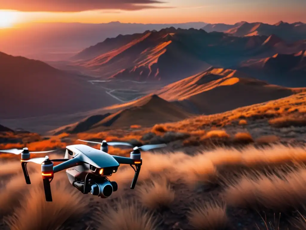 Paisaje montañoso al atardecer con dron de alta tecnología: importancia de los drones en la supervivencia