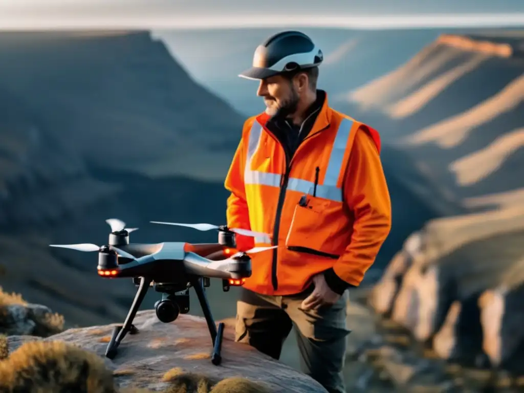 Operador de dron en chaleco naranja frente a paisaje, controlando dron con vista en vivo