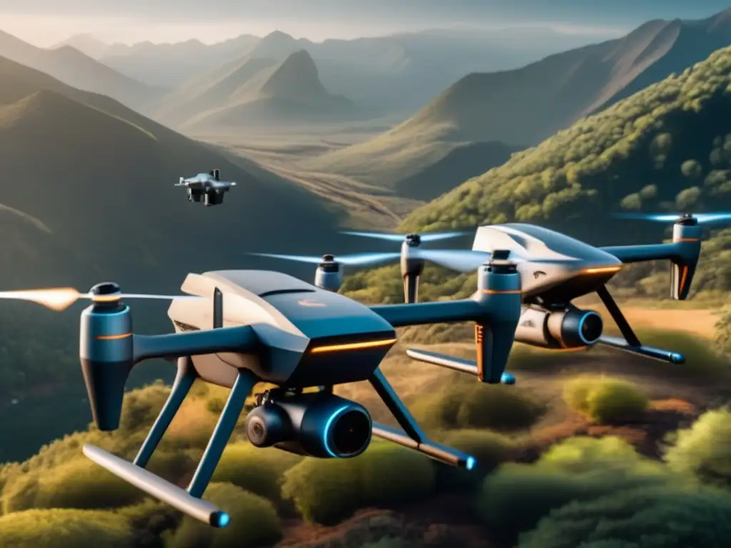 Importancia de drones en supervivencia: 3 futuristas drones surcando paisajes extremos y resistiendo en bosque, montaña y ciudad