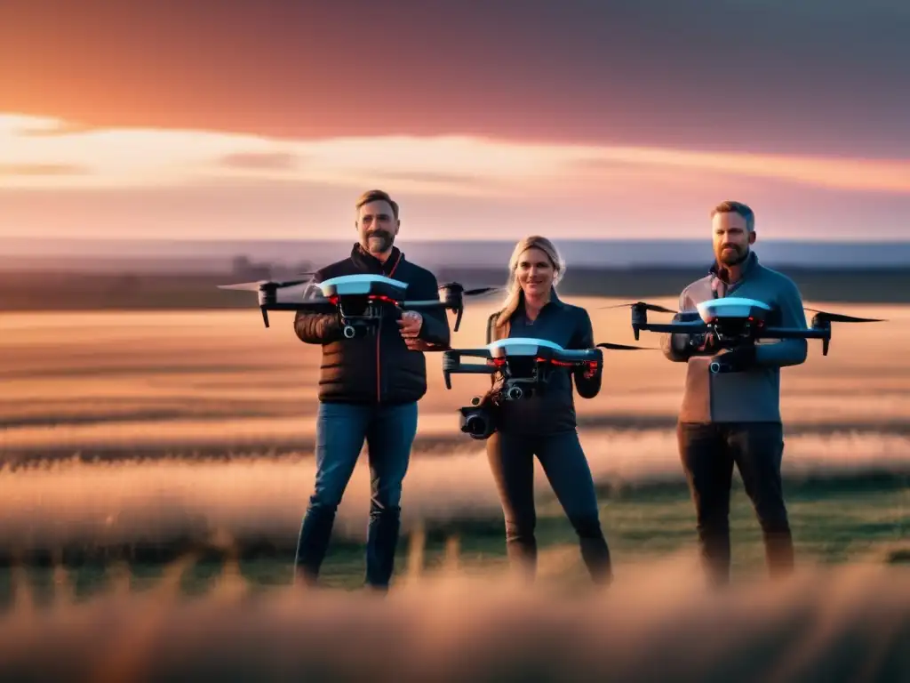 Grupo de operadores de drones profesionales en un campo abierto, equipados con drones avanzados y tecnología de punta