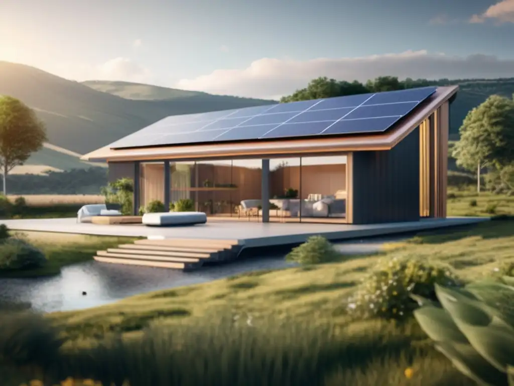 Casa ecológica offgrid con paneles solares integrados, simbolizando armonía entre tecnología y naturaleza