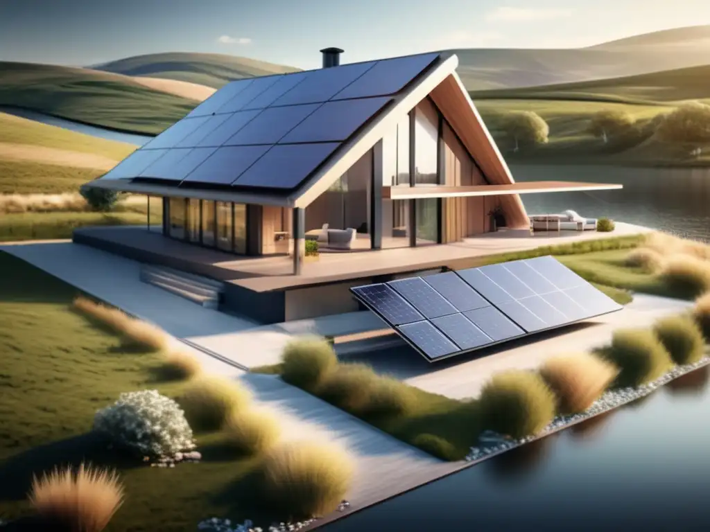 Casa ecoamigable con energía solar, eólica e hidroeléctrica en paisaje pintoresco