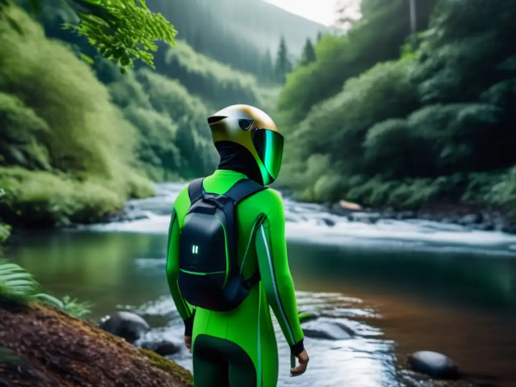 Persona en bosque verde con ropa climáticamente adaptable, purificando agua del río