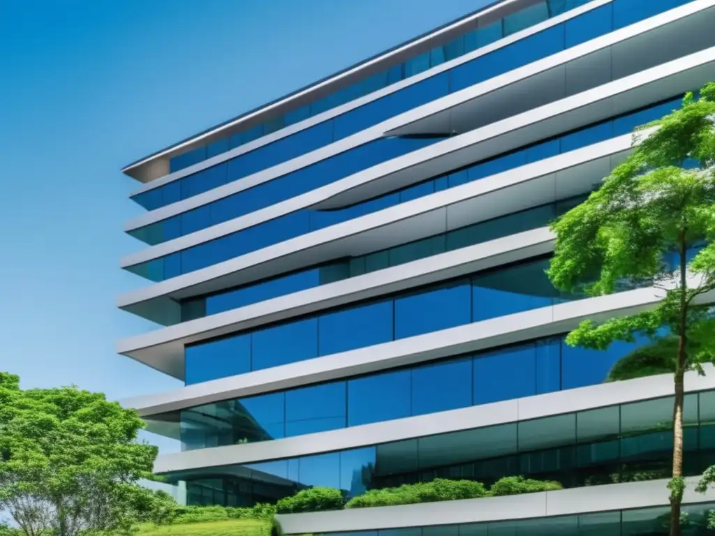 Edificio moderno con oficinas rodeado de naturaleza, simulacro de evacuación en ambiente corporativo