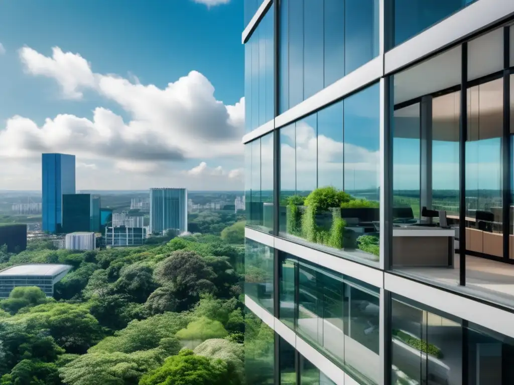 Un edificio de oficinas moderno rodeado de vegetación, en una ciudad bulliciosa