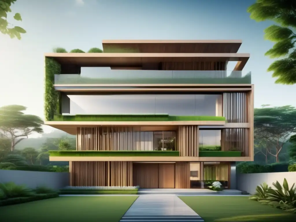 Edificio moderno y resiliente en un paisaje verde, fusionando construcción ancestral con diseño contemporáneo