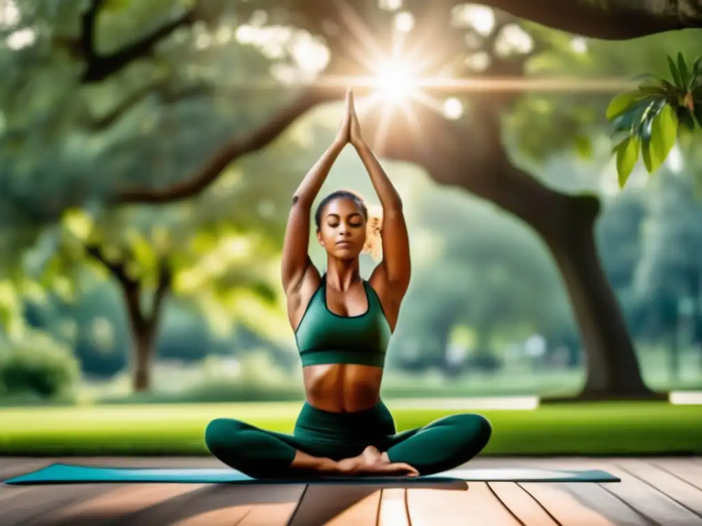 Beneficios de ejercicio para reducir estrés en crisis - Mujer en yoga en parque verde y tranquilo