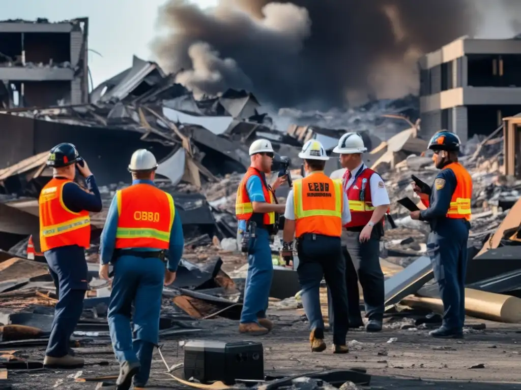 Importancia de radios CB en emergencias: equipo de emergencia coordinando esfuerzos tras desastre