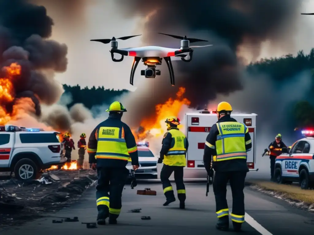 Equipo de emergencia y drone en acción: Precauciones para volar drones en emergencias