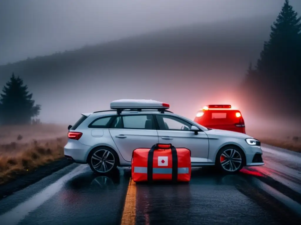 Kit emergencia vehículos: persona con chaleco reflectante junto a auto en accidente, rodeado de niebla densa, asistencia médica en carretera