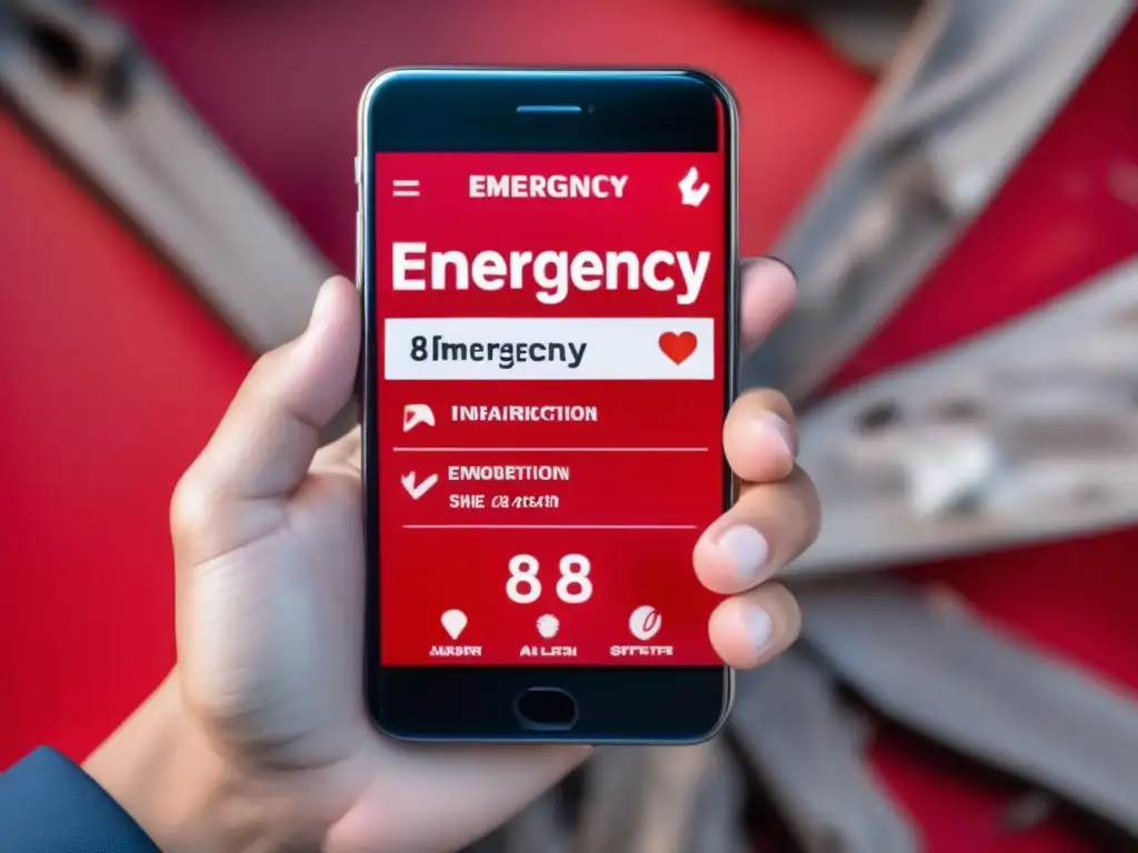 Seguridad en comunicaciones durante desastres: Mano sosteniendo smartphone con pantalla rota y alerta de emergencia