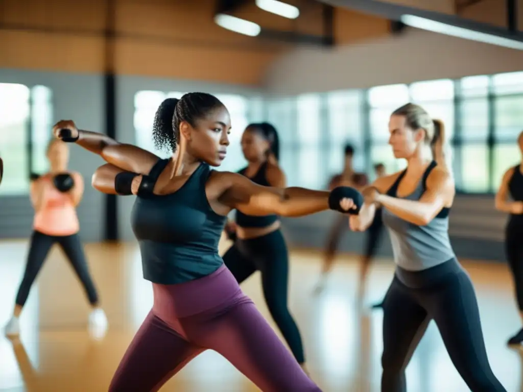 Técnicas de defensa personal femenina en gimnasio moderno y vibrante, mujeres confidentes aprendiendo y empoderándose