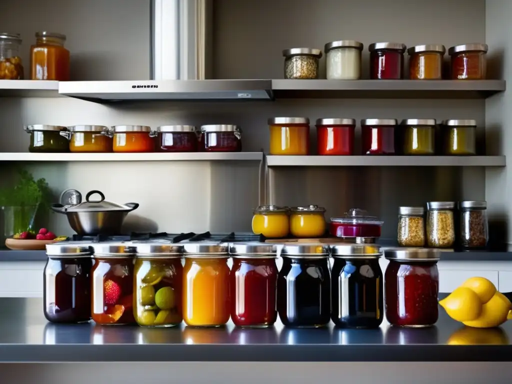 Mermeladas y conservas caseras de supervivencia en una moderna encimera de cocina