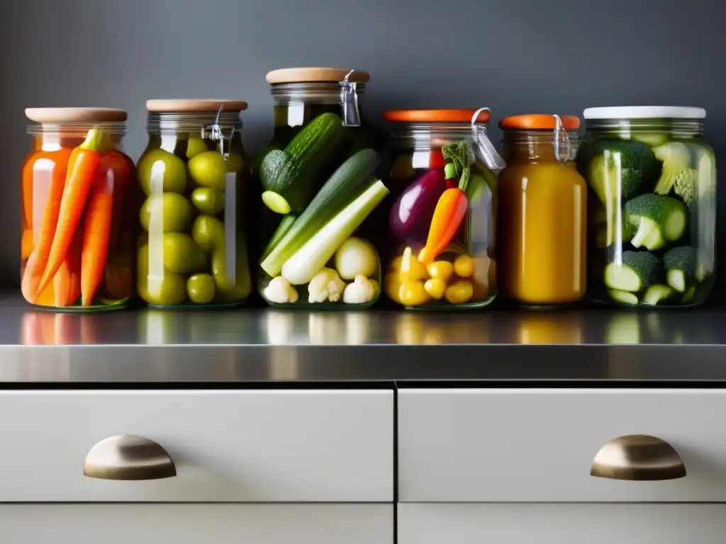 Técnica de encurtido casero de vegetales con coloridas y vibrantes verduras en frascos de vidrio en una encimera de cocina moderna