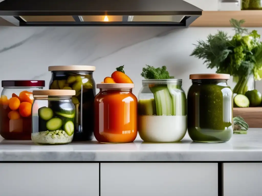 Encanto de alimentos fermentados: cocina moderna con encimera de mármol blanco llena de tarros y recipientes de alimentos fermentados