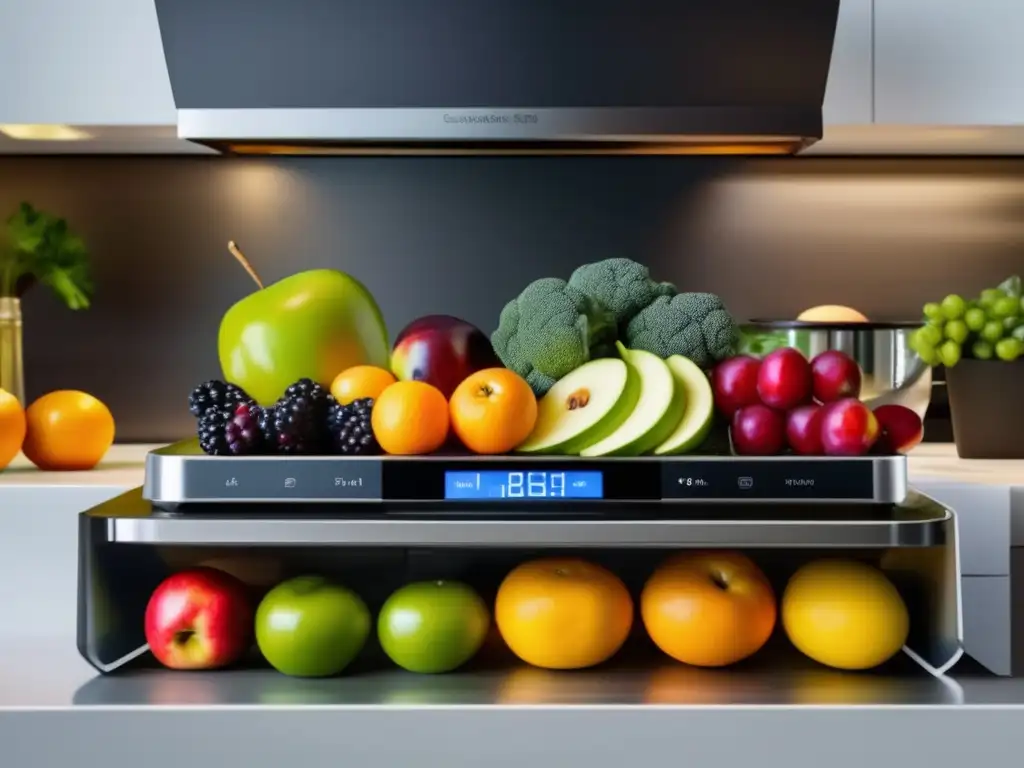 Ultradetallada imagen 8K de cocina moderna con frutas y verduras en deshidratador