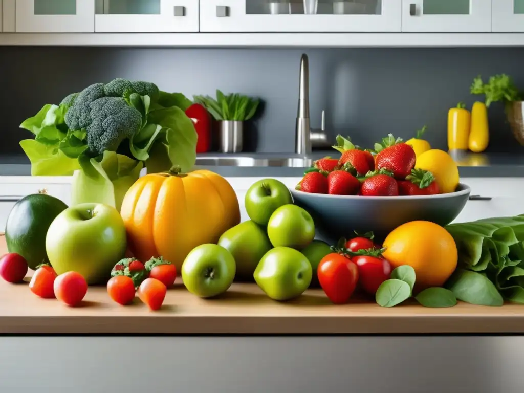 Consejos deshidratación alimentos preppers: cocina moderna con frutas y verduras frescas, corte profesional de mango