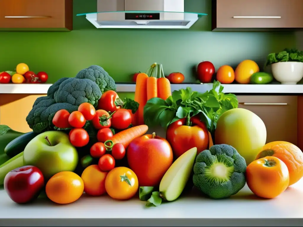 Cocina moderna con frutas y verduras frescas - Aceite de oliva casero conservación alimentos