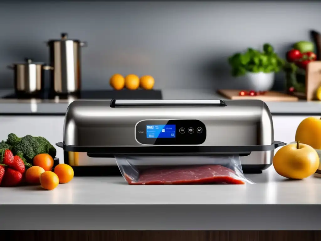 Máquina de sellado al vacío en acción Sellador al vacío para alimentos en una cocina moderna