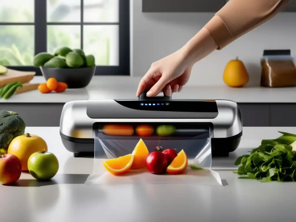 Máquina de sellado al vacío en acción con frutas y verduras frescas Sellador al vacío para alimentos en una cocina moderna con frutas y verduras frescas