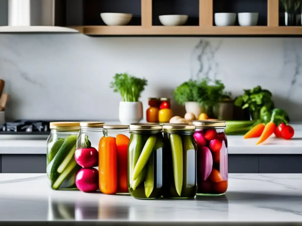 Técnica de encurtido casero de vegetales en moderna cocina, con coloridos frascos de vidrio y encimera de mármol blanco