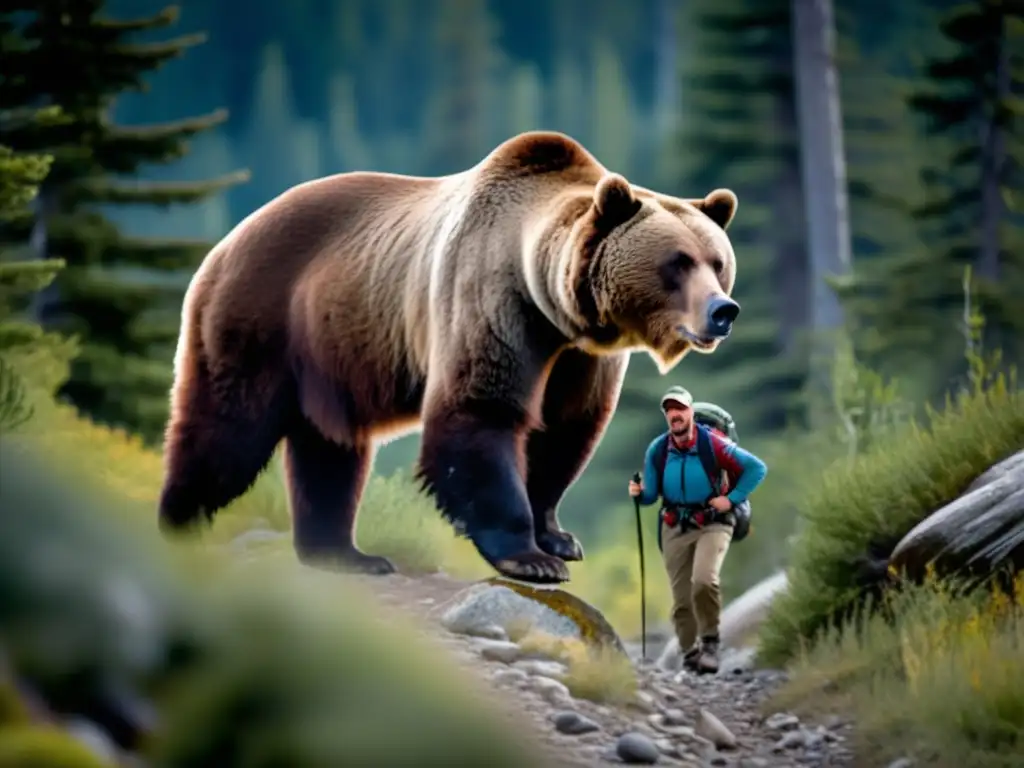 Un hiker enfrenta a un oso grizzly en la montaña