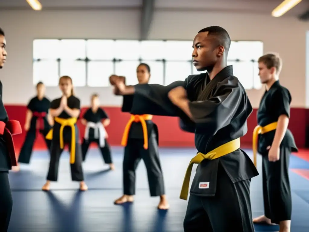 Instructor de artes marciales demostrando técnicas de autodefensa en moderno centro de entrenamiento - Consejos evitación huida supervivencia