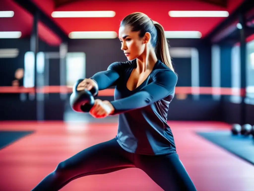 Persona practicando técnicas de autodefensa en un gimnasio moderno Técnicas de defensa personal en un gimnasio moderno, con ambiente profesional y seguro