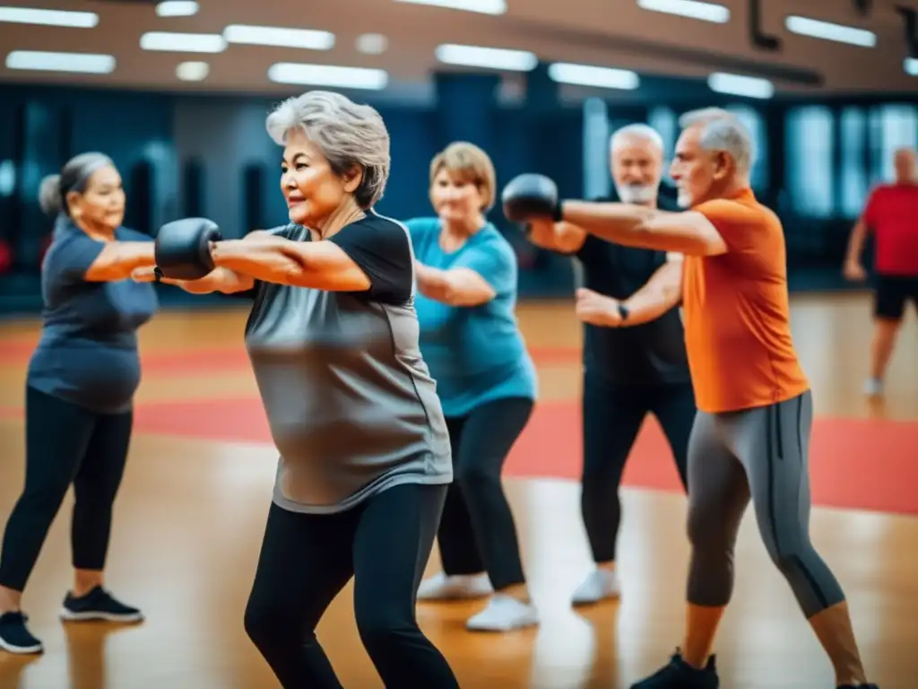 Técnicas defensa personal para preppers mayores - Grupo de adultos mayores en entrenamiento de defensa personal en un gimnasio moderno